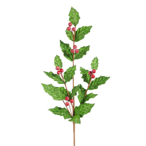 29.5" Glitter Holly Spray, Red/ Green