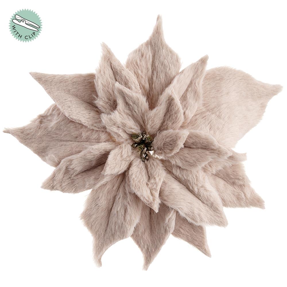 9" Fur Poinsettia with Clip Beige