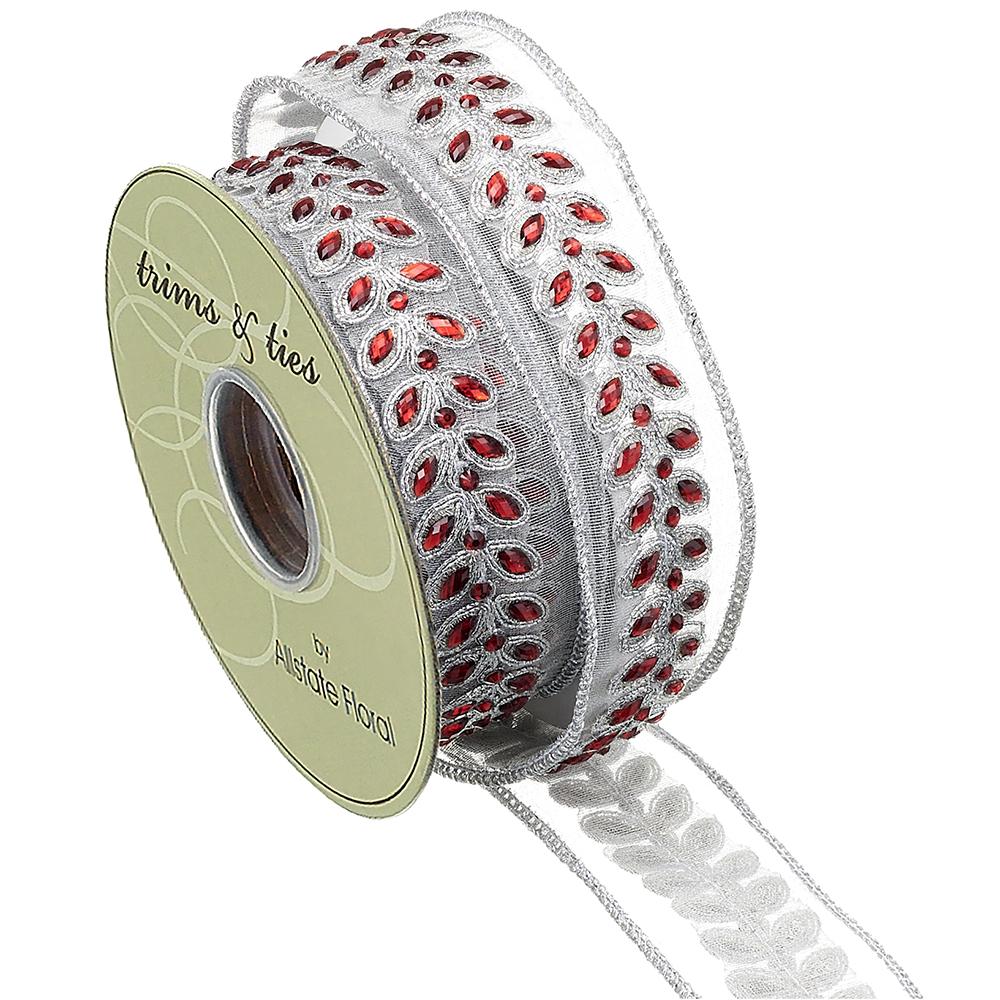 1.5" X 5yds Jewel Trim Ribbon, White/Red