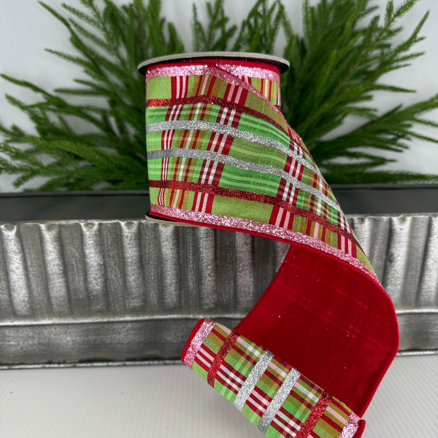 4" x 5YD Faux Dupion Plaid Glitter Stripe Ribbon – Northpole, Green-Pink-Red