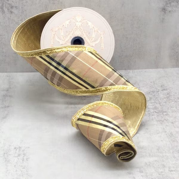 4" x 10yds dupion diagonal stripe plaid gold edge, brown gold black