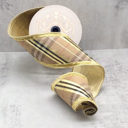 4" x 10yds dupion diagonal stripe plaid gold edge, brown gold black