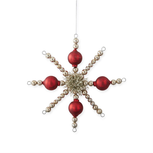 6.25 Inch Red & Silver Vintage Ball Snowflake Ornament with Tinsel