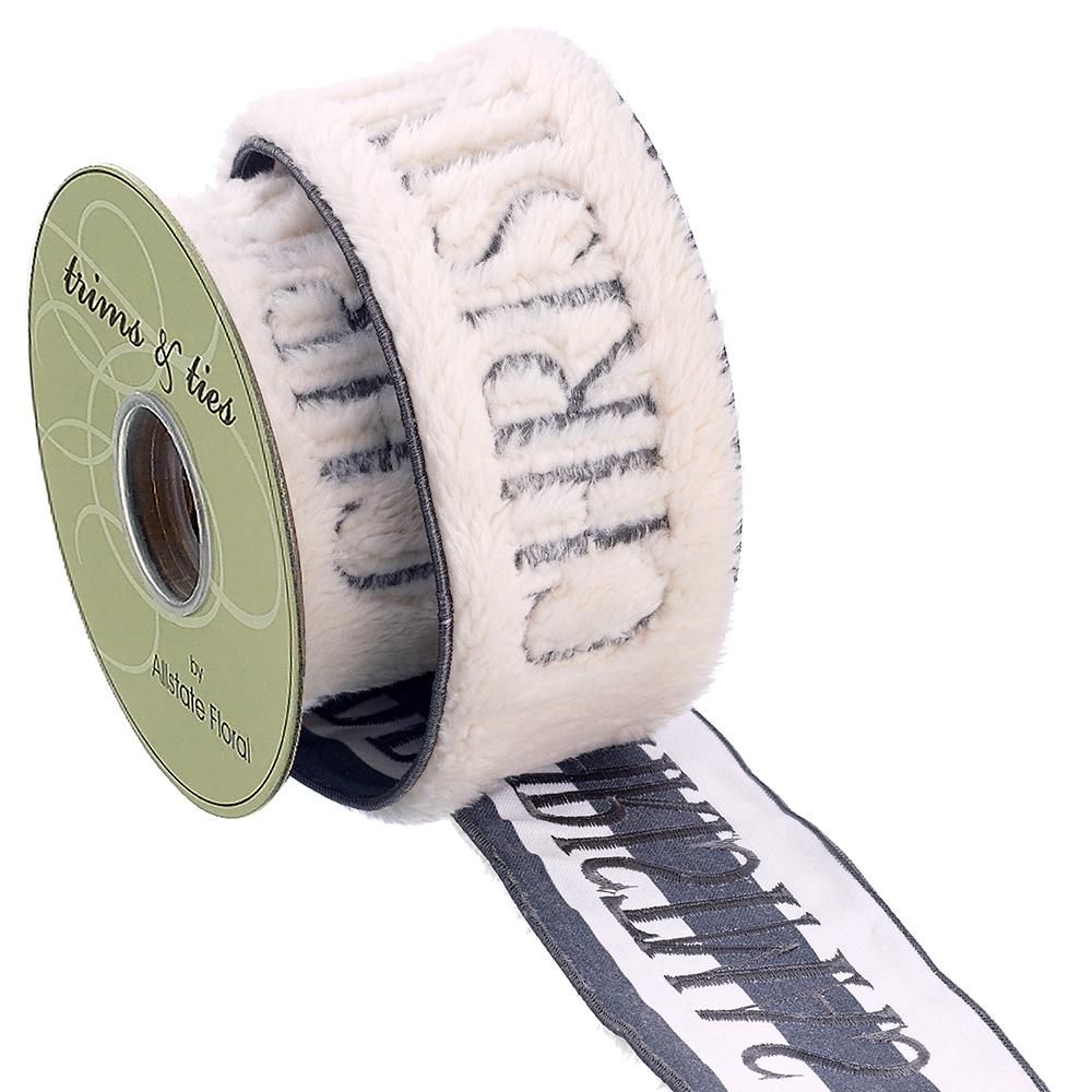 4" X 5Yd Merry Christmas White Fur Ribbon Gray Text