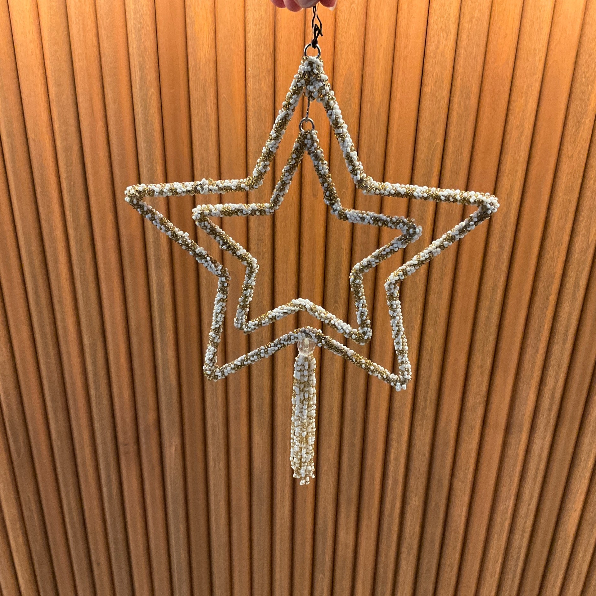 10"H Glass Beaded Metal Star Ornament w/ Tassel, White & Gold Finish