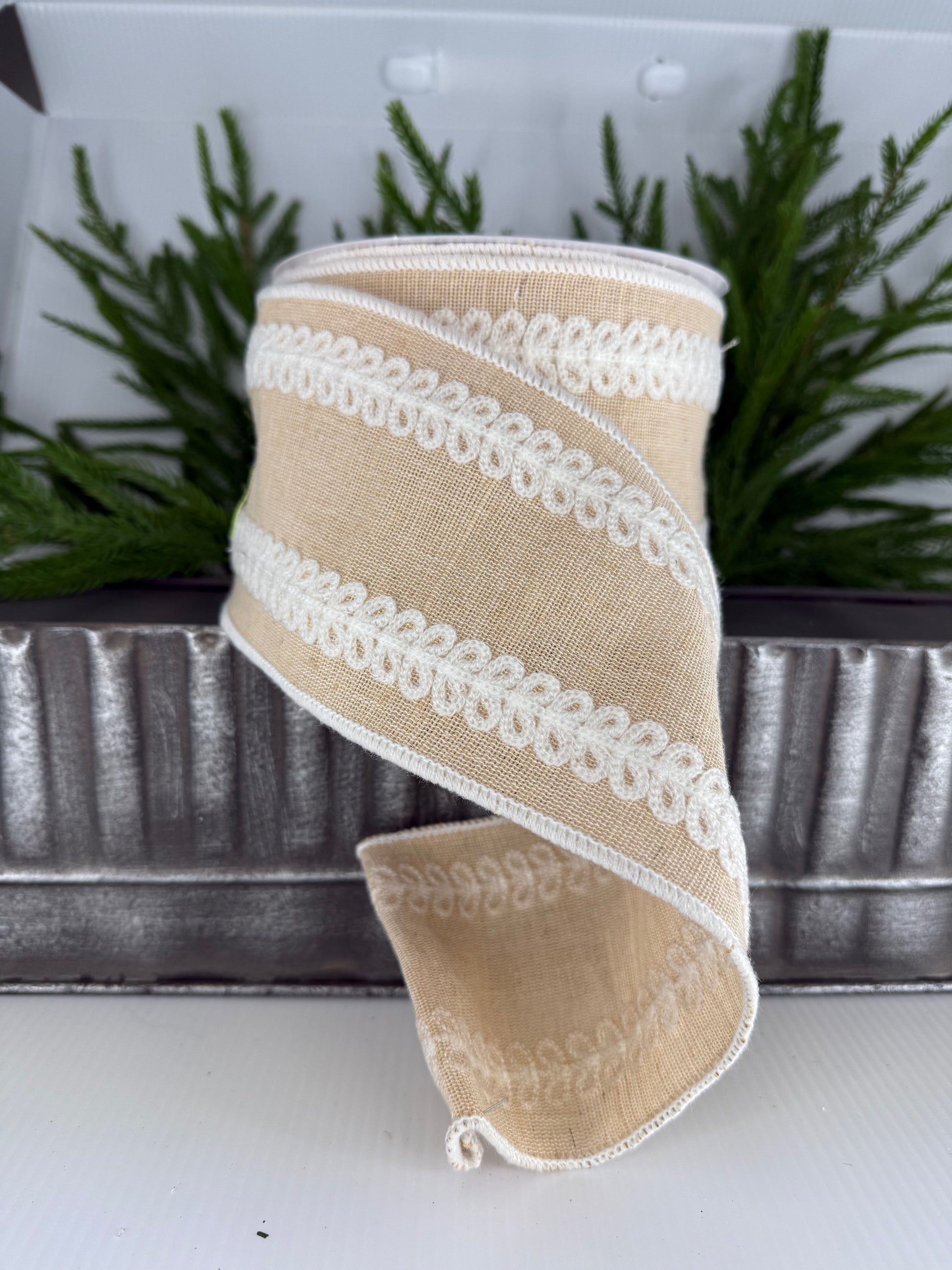 4" x 10Yds Tan Ribbon with White Embellished Trim
