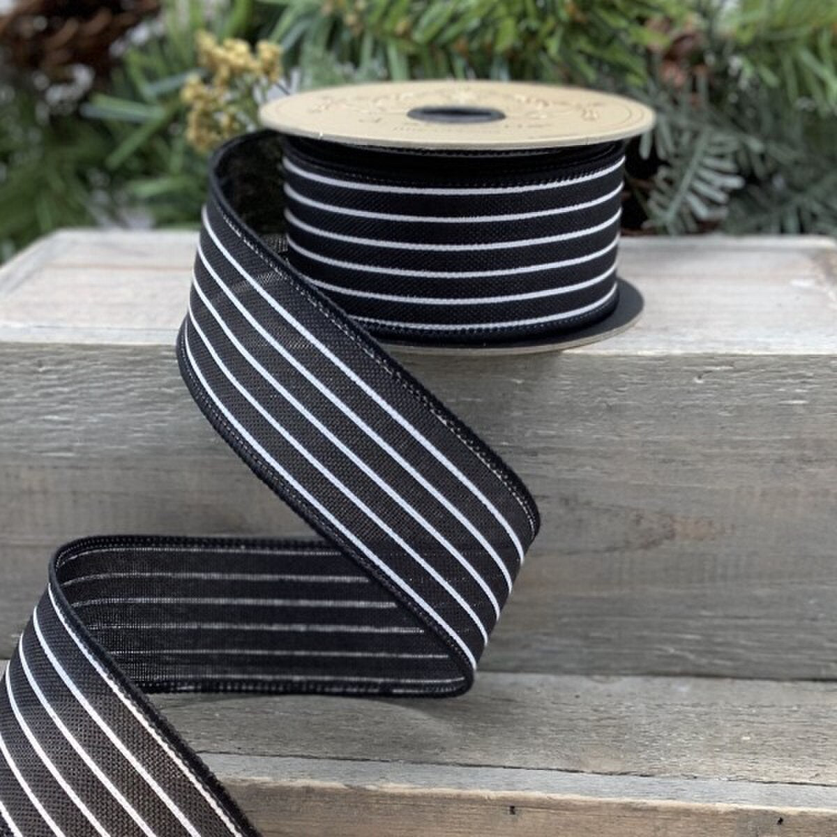 1.5" x 10yds Faux Linen Ribbon, White Mini Stripe on Black