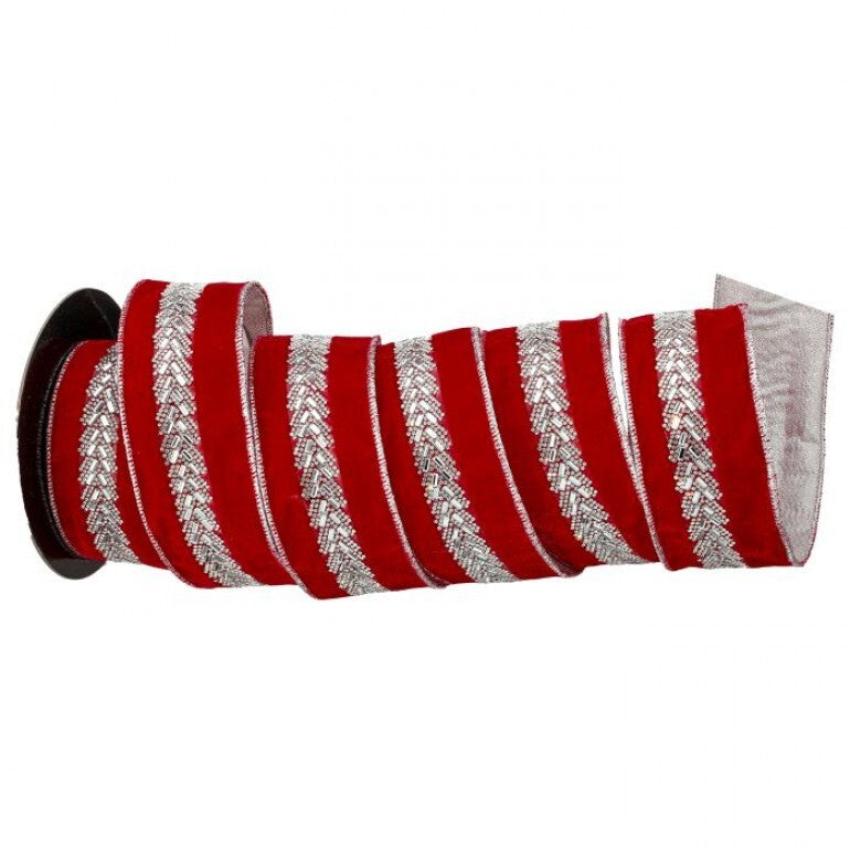 2.5" x 5Y Velvet Ribbon with Jeweled Center, Red/Silver