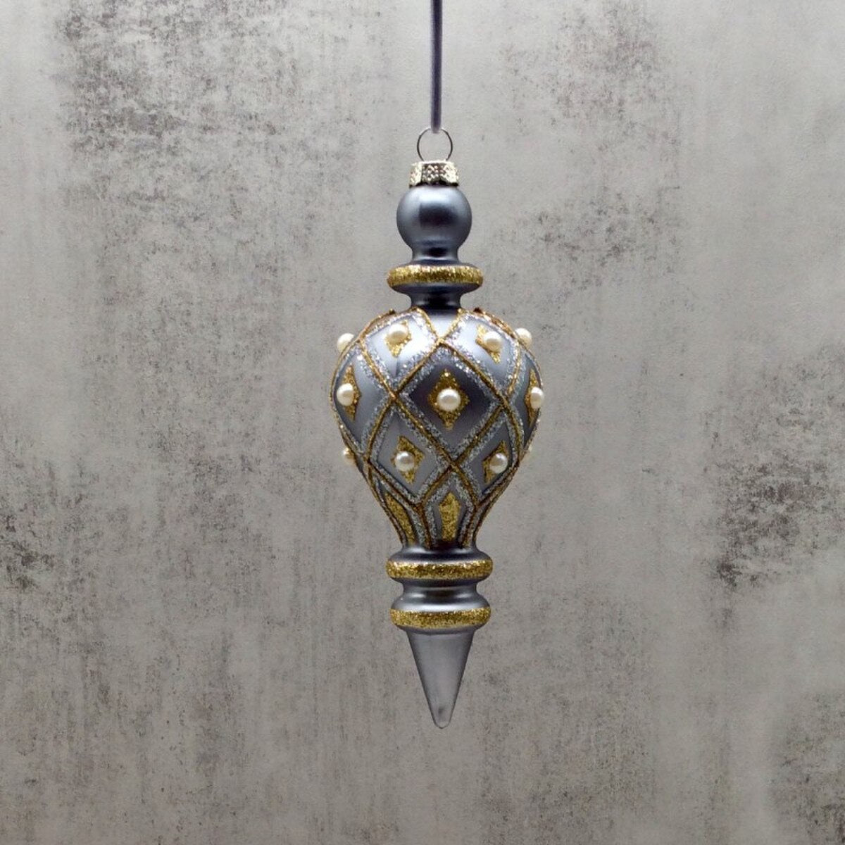 8" Glass Harlequin Jewel Finial Ornament – Pewter/Gold