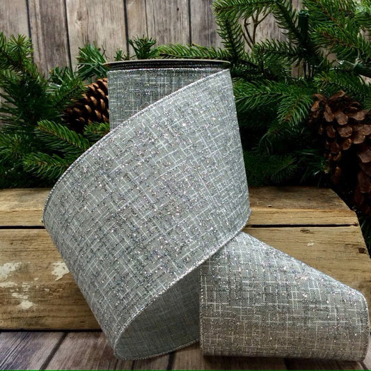 4" x 10yds Linen Silver Glitter White Abstractlines Grey