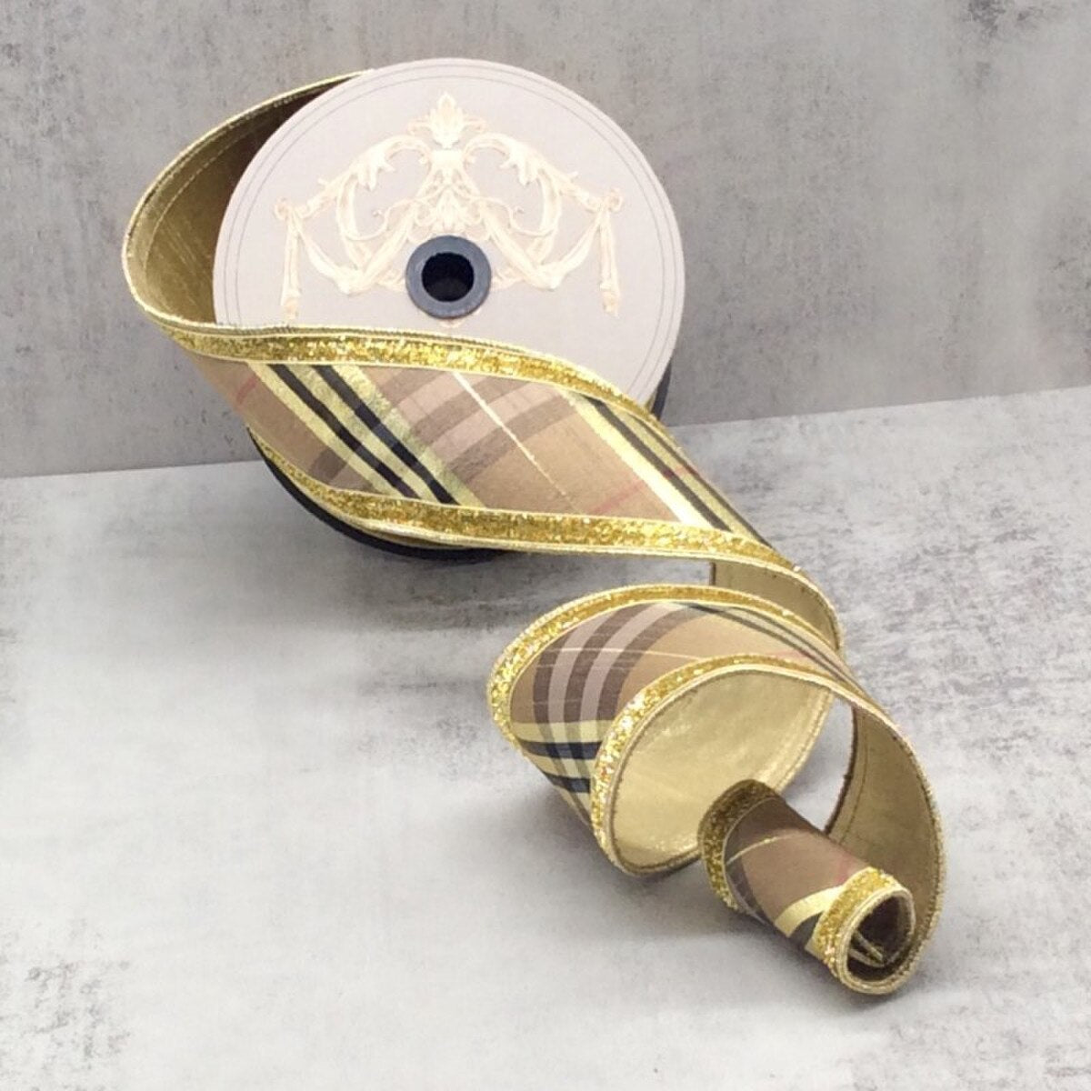 2.5" x 10yds Dupion Diagonal Stripe Plaid Ribbon with Gold Edge, Brown/Gold/Black