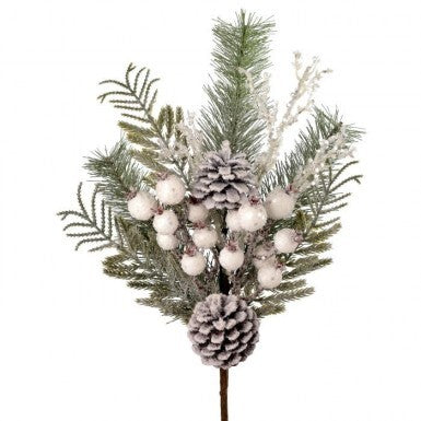 16" Snow White Berry Pine Pinecone Spray
