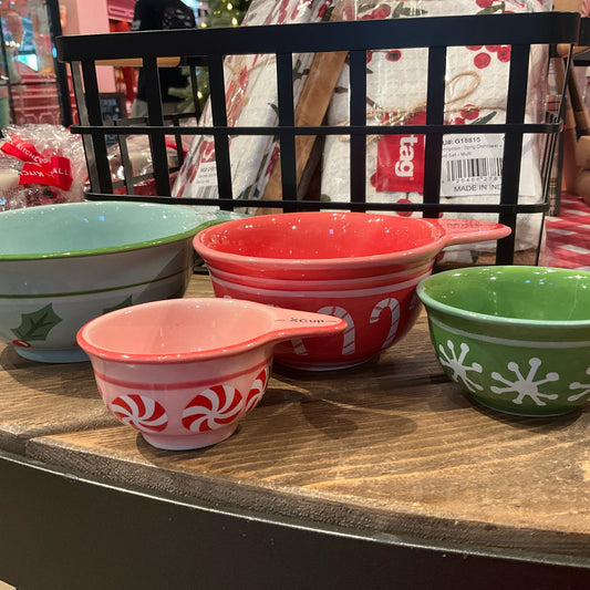 1/4, 1/2, 1, 1-1/2 Cup Stoneware Measuring Cups w/ Holiday Pattern, Multi Color, Set of 4