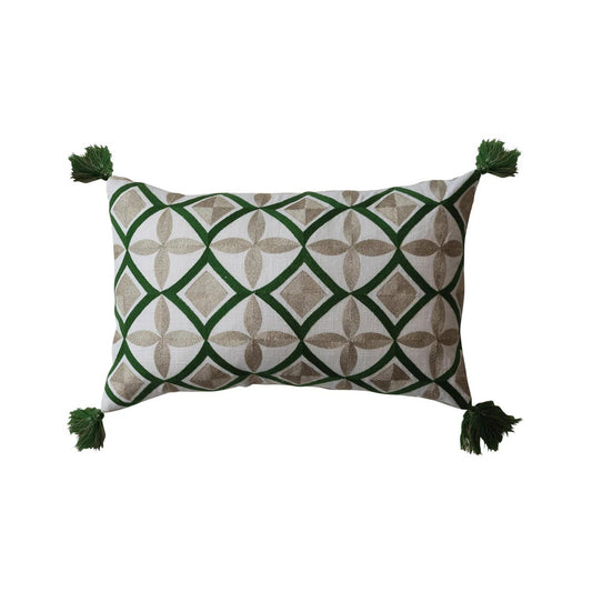 Cotton Embroidered Lumbar Pillow w/ Pattern, Metallic Gold Thread & Tassels, Natural & G