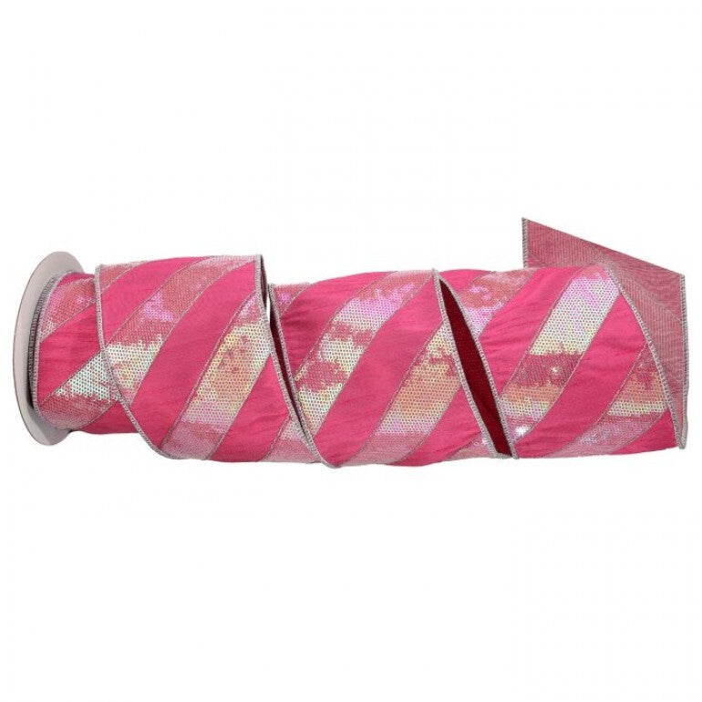 4" X 5Yd Dupion W/Glitter Candy Strip Ribbon Pink