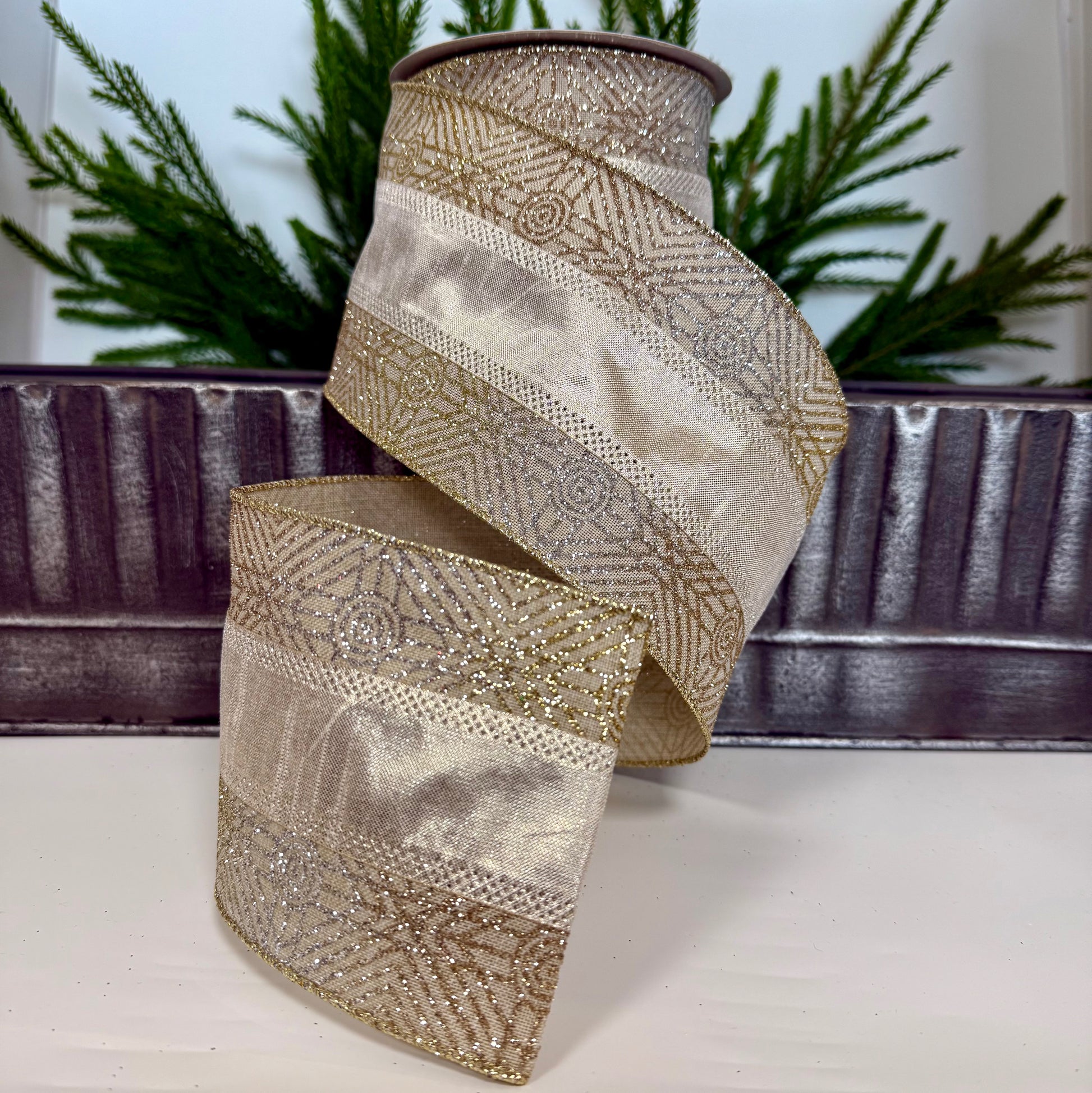 4" X 10Y Lame Glitter Deco Edge Wired Ribbon Champagne