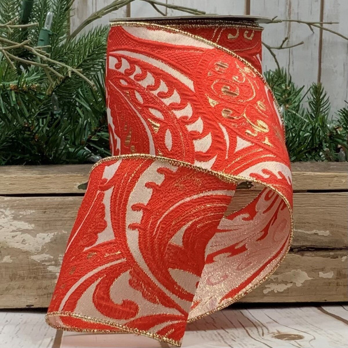 4" x 10yds jacquard metallic filigree, red