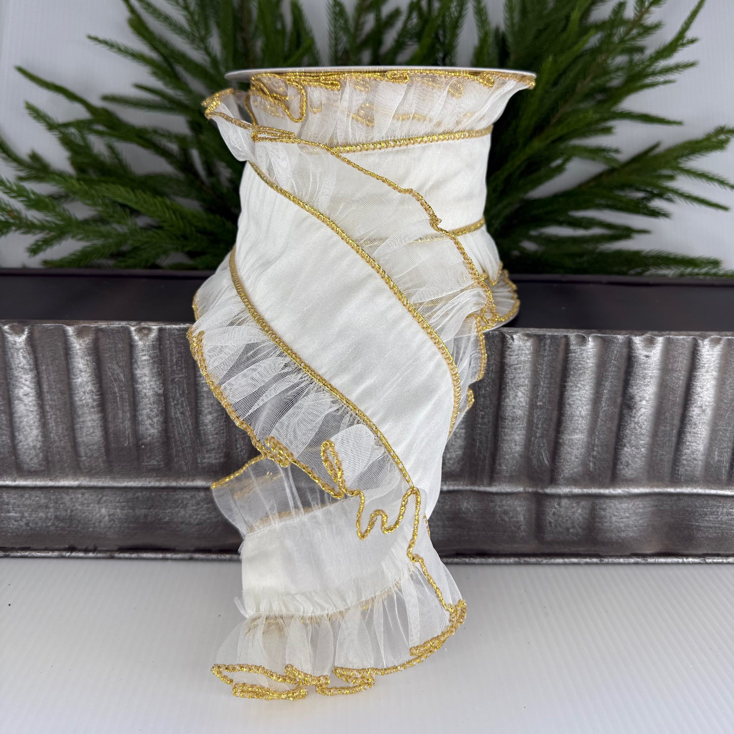 4" x 10Yds Sheer Ivory Ribbon with Ruffles and Gold Trim