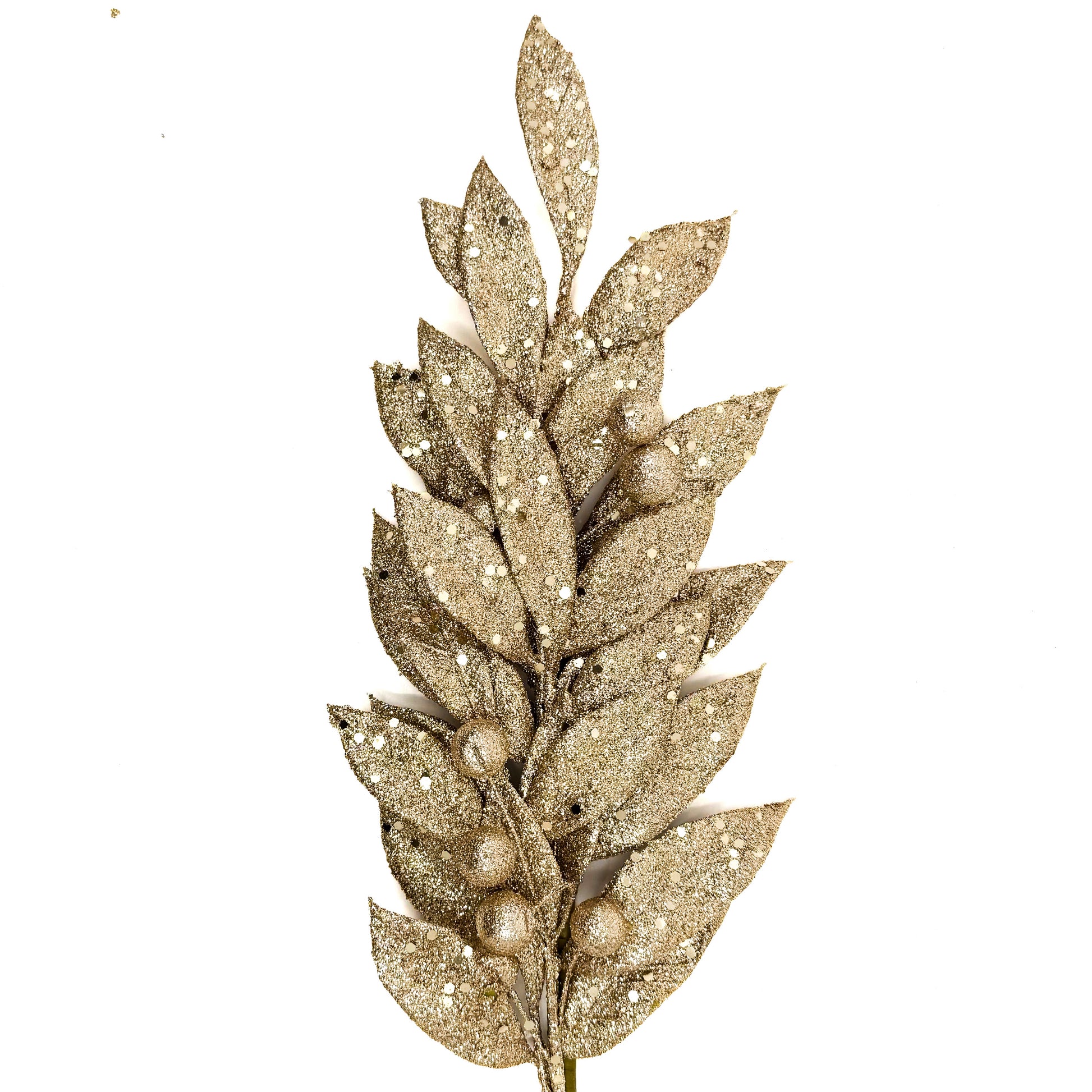 24" Glitter Metallic Bay Leaf W/Berries Spray Champagne