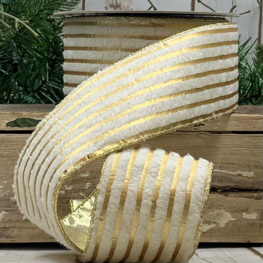 2.5" x 10yds Faux Fur Metallic Gold Stripe, Ivory