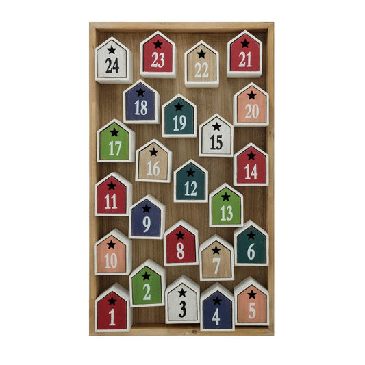 17-1/4"L x 3"W x 29-1/2"H MDF Advent Calendar w/ 24 House Shaped Drawers, Multi Color (Hangs or Sits