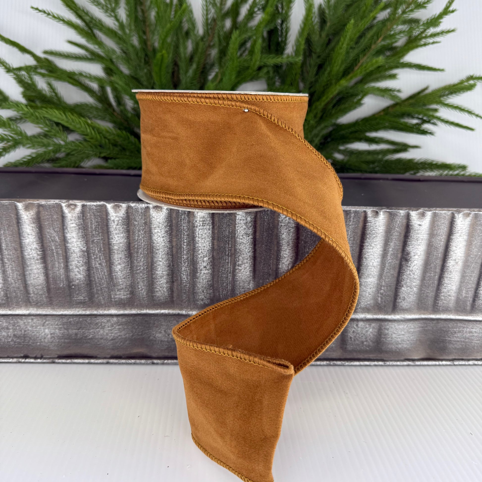 2.5" x 10Yds Cognac Suede Ribbon