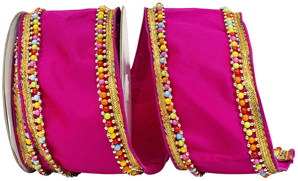 4" X 5YD Beaded Candy Edge Deluxe Wired Edge Ribbon, Fuchsia