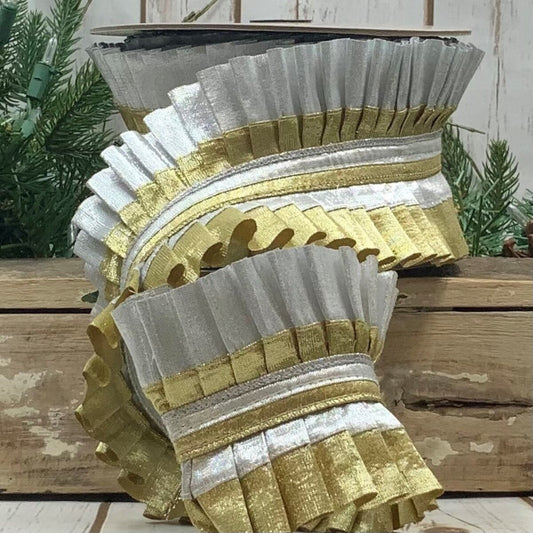 4" x 5yds metallic dupion pleated ruffle, goldsilver