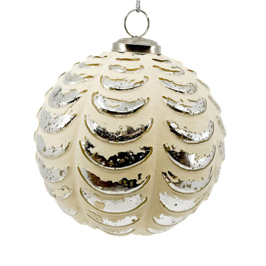 5" Grooved Glass Ball Ornament Ivory/ Silver