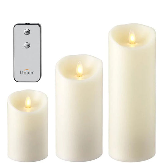Push Flame Ivory Pillar Candles With Remote  Set/3