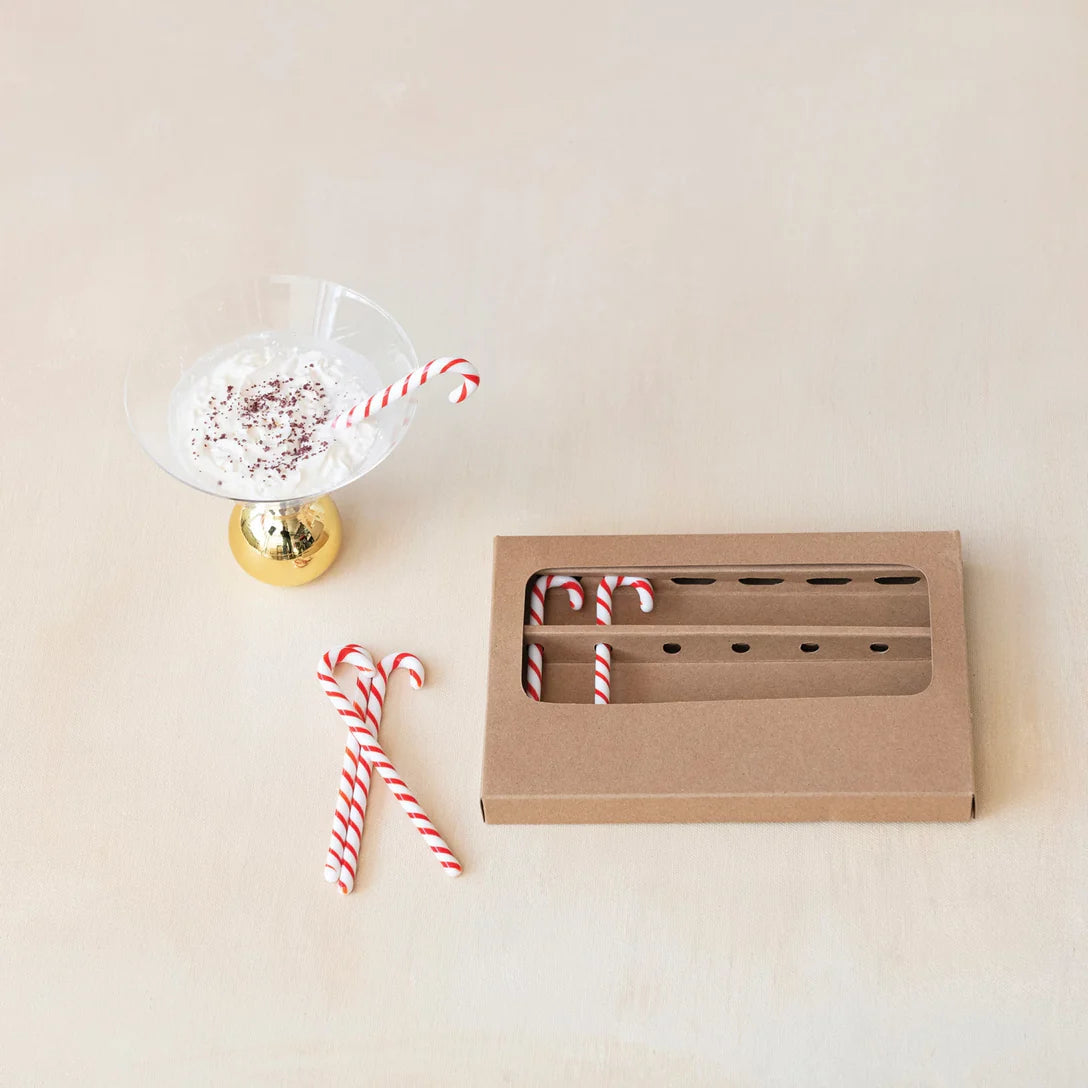 1"L x 5"H Glass Candy Cane Shaped Stir Sticks, Red & White, Boxed Set of 6