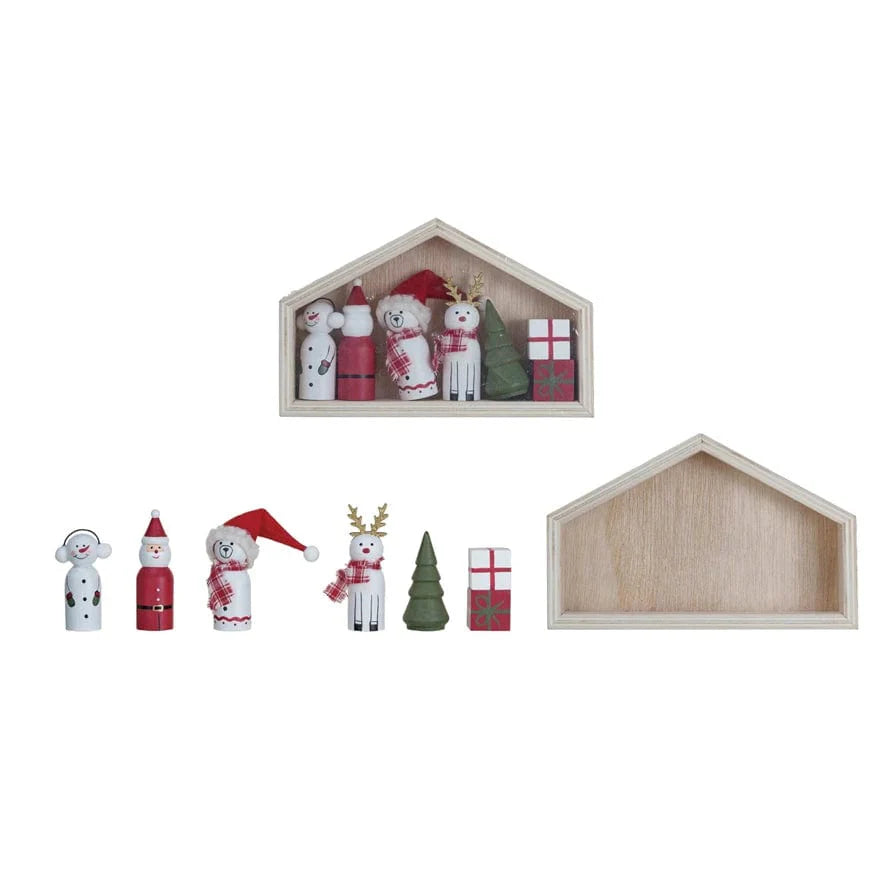 2-1/4"H - 3"H Wood Holiday Icons in House, Multi Color, Boxed Set of 8